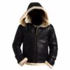 Black B3 Hood Shearling Real Leather Jacket for Men's