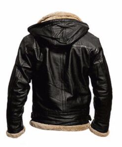 Black B3 Hood Shearling Real Leather Jacket for Men's