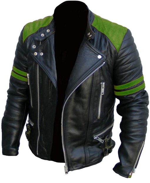 Brando Classic Biker Motorcycle Black & Green Genuine Real Leather Jacket