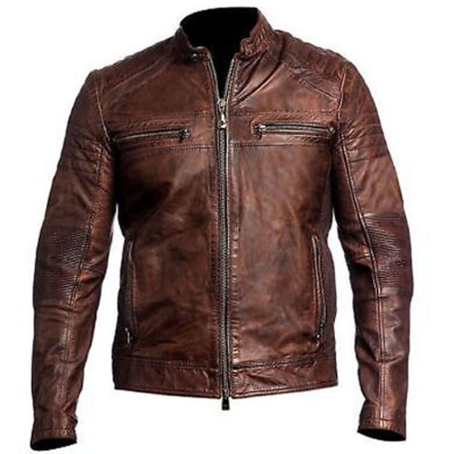 Vintage Distressed Brown Biker Motorcycle Genuine Real Leather Jacket