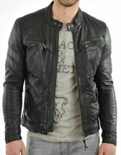 Cafe Racer Biker Black Genuine Sheepskin Leather Jacket