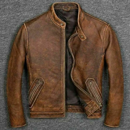 Cafe Racer Distressed Tan Brown Genuine Biker Leather Jacket