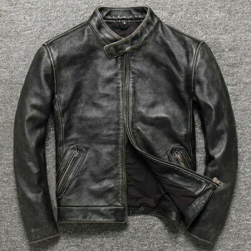 Cafe Racer Vintage Motorcycle Distressed Black Waxed Genuine Leather Jacket