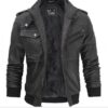 Distressed Black Biker Genuine Leather Hooded Bomber Jacket