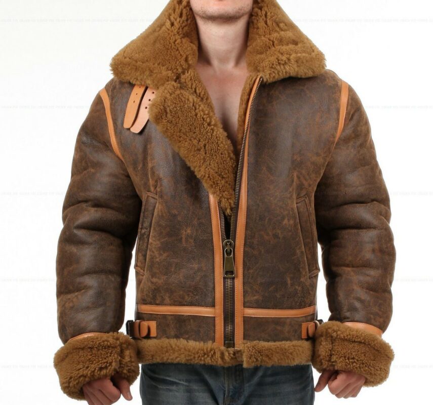 Distressed Faux Shearling Genuine Leather Jacket