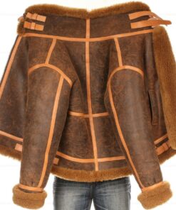 Distressed Faux Shearling Genuine Leather Jacket