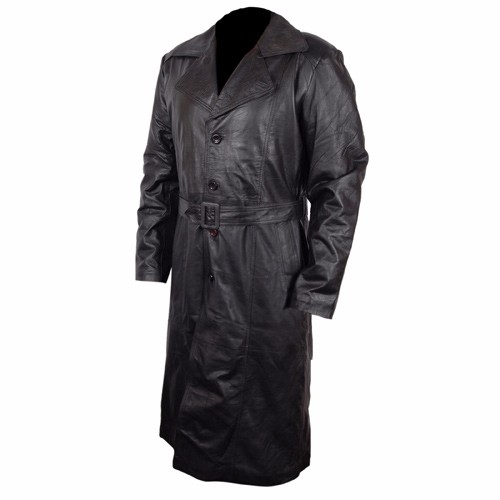 Mens Vintage Overcoat Black Long Leather Duster Trench Coat