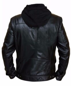 Men's Brando Double Zip Slim Fit Genuine Leather Jacket with Detachable Hood