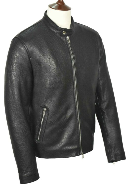 Mens Cafe Racer Black Genuine Sheepskin Leather Jacket