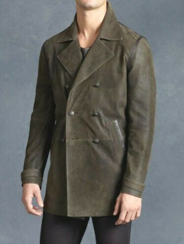 Mens Double Breasted Olive Genuine Suede Leather Coat