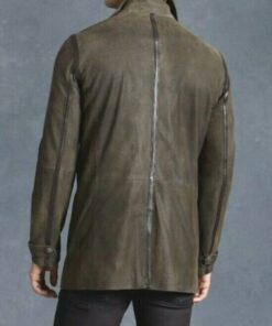Mens Double Breasted Olive Genuine Suede Leather Coat