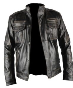 Mens Infinity Distressed Black Genuine Leather Jacket