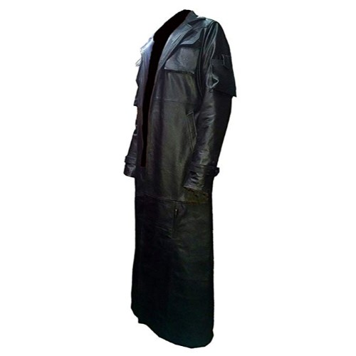 Mens Retro Black Genuine Leather Vintage Style Trench Long Coat