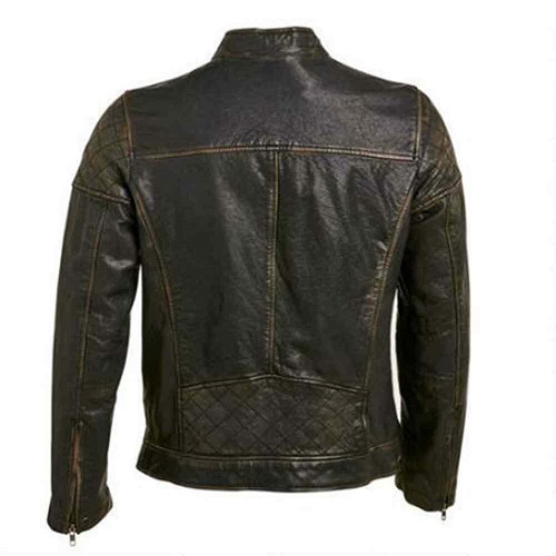 Motorcycle Cafe Racer Distressed Black Quilted Genuine Leather Jacket
