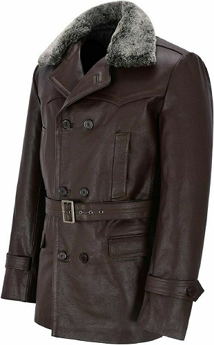 Motorcycle Long Cowhide Fur Collar Genuine Leather Coat
