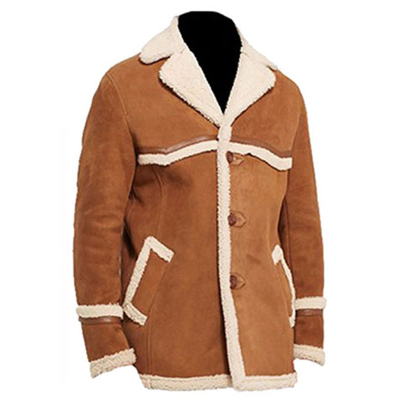 Rancher Camel Brown Genuine Real Suede Leather Coat with Sherpa Lining