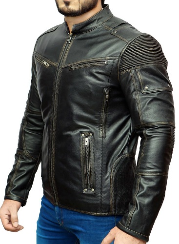 Vintage Motorcycle Distressed Black Genuine Leather Jacket