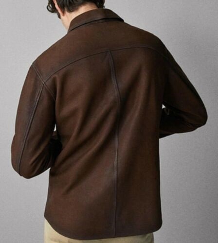 Washed And Waxed Genuine Lambskin Leather Brown Green Shirt