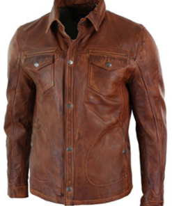 Washed And Waxed Genuine Lambskin Leather Distressed Brown Shirt
