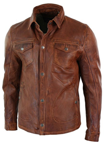 Washed And Waxed Genuine Lambskin Leather Distressed Brown Shirt
