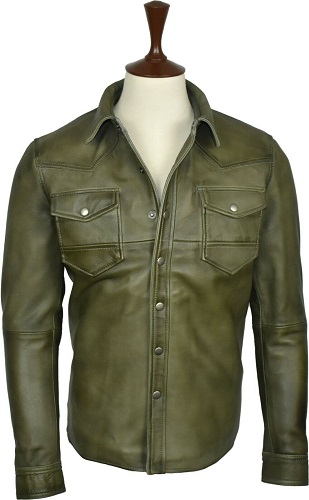 Washed And Waxed Genuine Lambskin Leather Olive Green Shirt