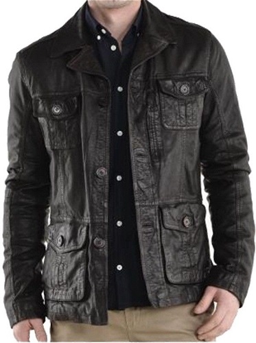 Washed And Waxed Genuine Lambskin Wrinkle Leather Distressed Black Shirt