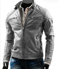 Waxed Vintage Wrinkled Distressed Grey Genuine Leather Jacket