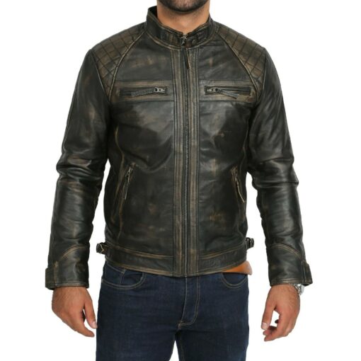 Cafe Racer Motorcycle Distressed Black Genuine Leather Jacket 1