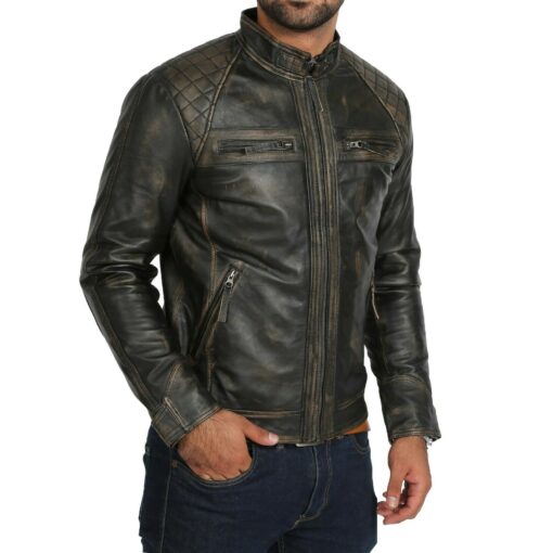 Cafe Racer Motorcycle Distressed Black Genuine Leather Jacket 1