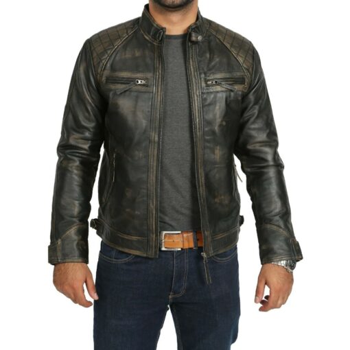 Cafe Racer Motorcycle Distressed Black Genuine Leather Jacket 1