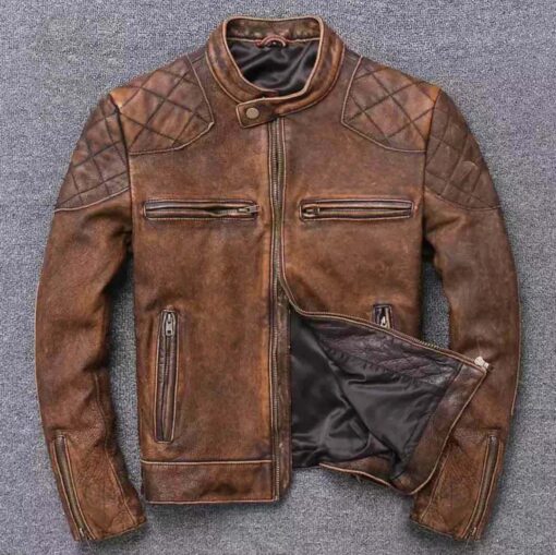 Cafe Racer Vintage Motorcycle Distressed Tan Brown Leather Jacket 1