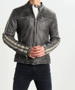 Cafe Racer Washed Wrinkled Distressed Black Genuine Leather Jacket