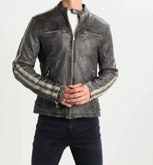 Cafe Racer Washed Wrinkled Distressed Black Genuine Leather Jacket