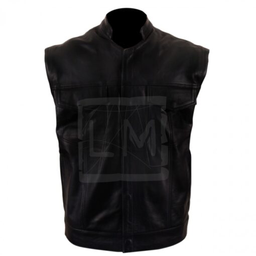 Collared Genuine Black Leather Vest - Image 5