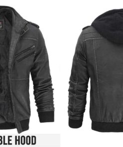 Distressed Black Biker Genuine Leather Hooded Bomber Jacket