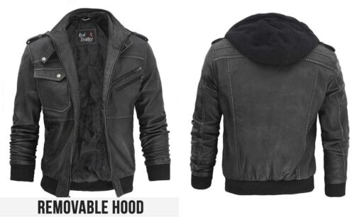 Distressed Black Biker Genuine Leather Hooded Bomber Jacket