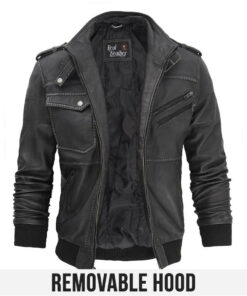 Distressed Black Biker Genuine Leather Hooded Bomber Jacket