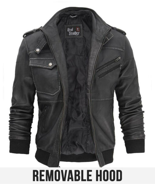 Distressed Black Biker Genuine Leather Hooded Bomber Jacket