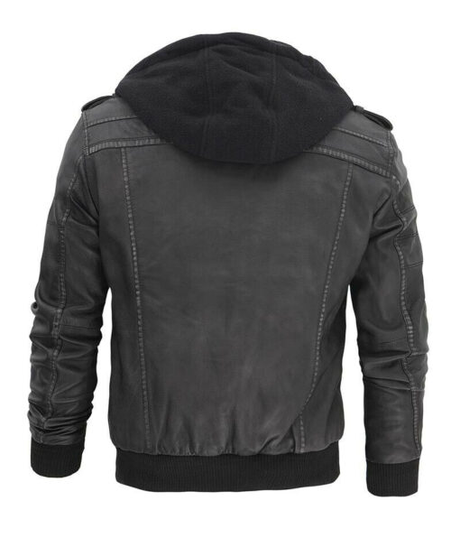 Distressed Black Biker Genuine Leather Hooded Bomber Jacket