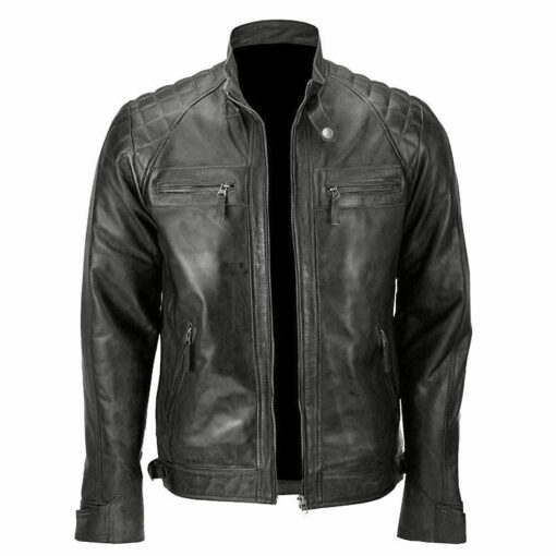 Mens Biker Vintage Cafe Racer Waxed Black Genuine Leather Jacket 1