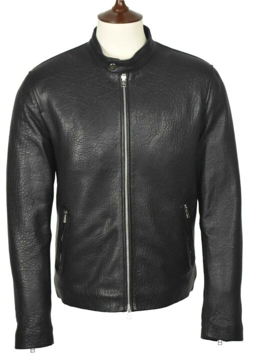 Mens Cafe Racer Black Genuine Sheepskin Leather Jacket