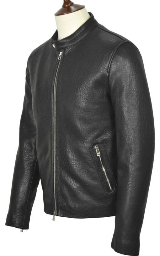 Mens Cafe Racer Black Genuine Sheepskin Leather Jacket