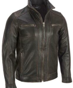 Mens Cafe Racer Distressed Black Genuine Sheepskin Leather Jacket 1