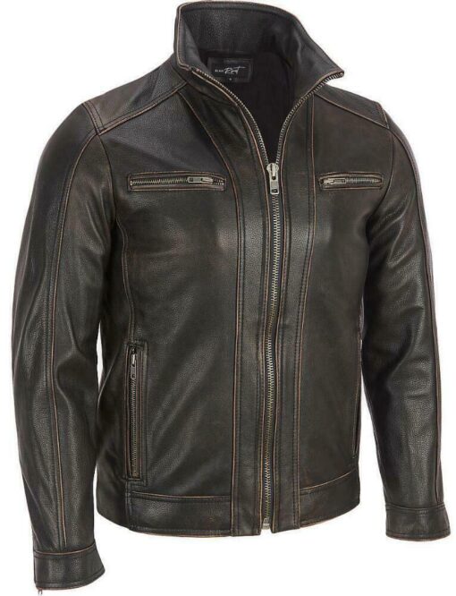 Mens Cafe Racer Distressed Black Genuine Sheepskin Leather Jacket 1