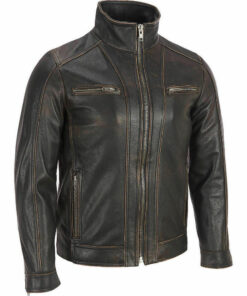 Mens Cafe Racer Distressed Black Genuine Sheepskin Leather Jacket 1