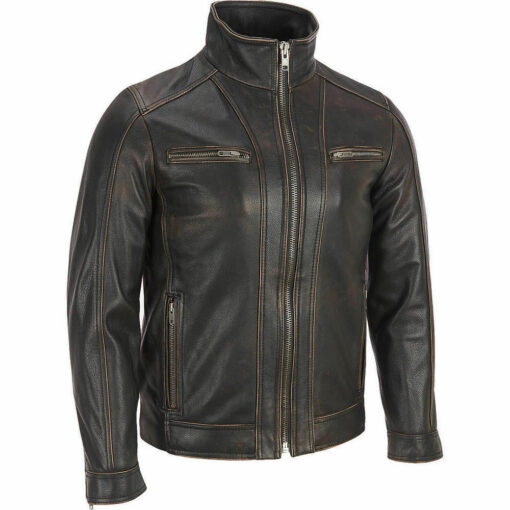 Mens Cafe Racer Distressed Black Genuine Sheepskin Leather Jacket 1