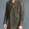 Mens Double Breasted Olive Genuine Suede Leather Coat