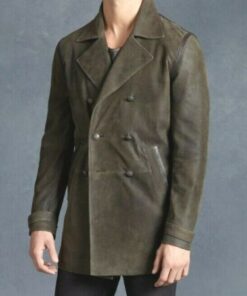 Mens Double Breasted Olive Genuine Suede Leather Coat