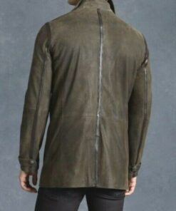 Mens Double Breasted Olive Genuine Suede Leather Coat