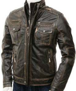 Mens Vintage Distressed Faded Seams Cafe Racer Genuine Leather Jacket